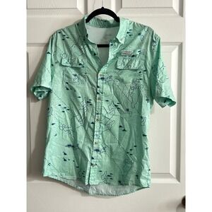 Ocean‎ Coast Mens Short Sleeve Map Fish Print Button Up Shirt M L XL